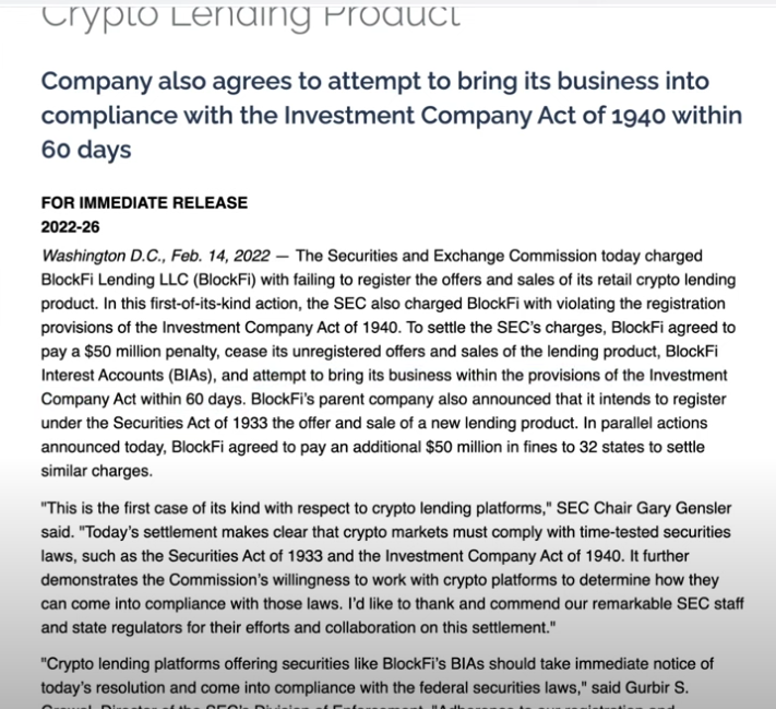 SEC Response on BlockFi Settlement