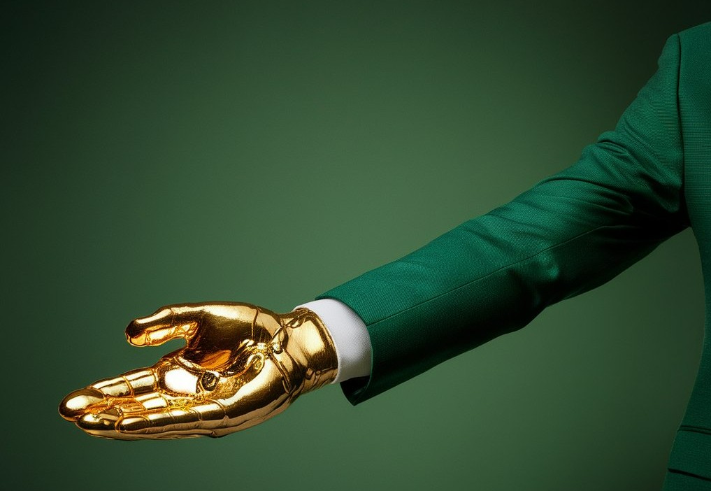 A businessman wearing an emerald green suit holds out a golden palm