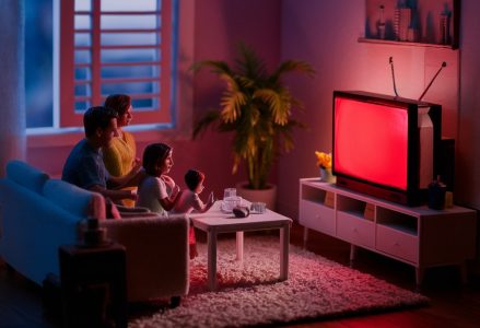A family watches a glowing red television set