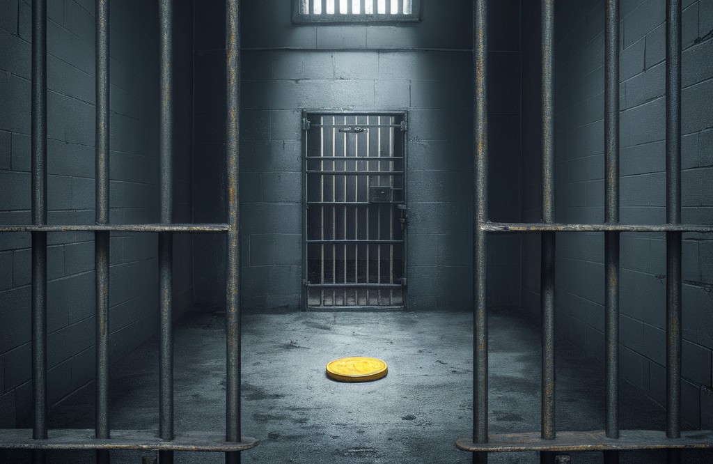 A yellow coin sits on a prison cell's floor