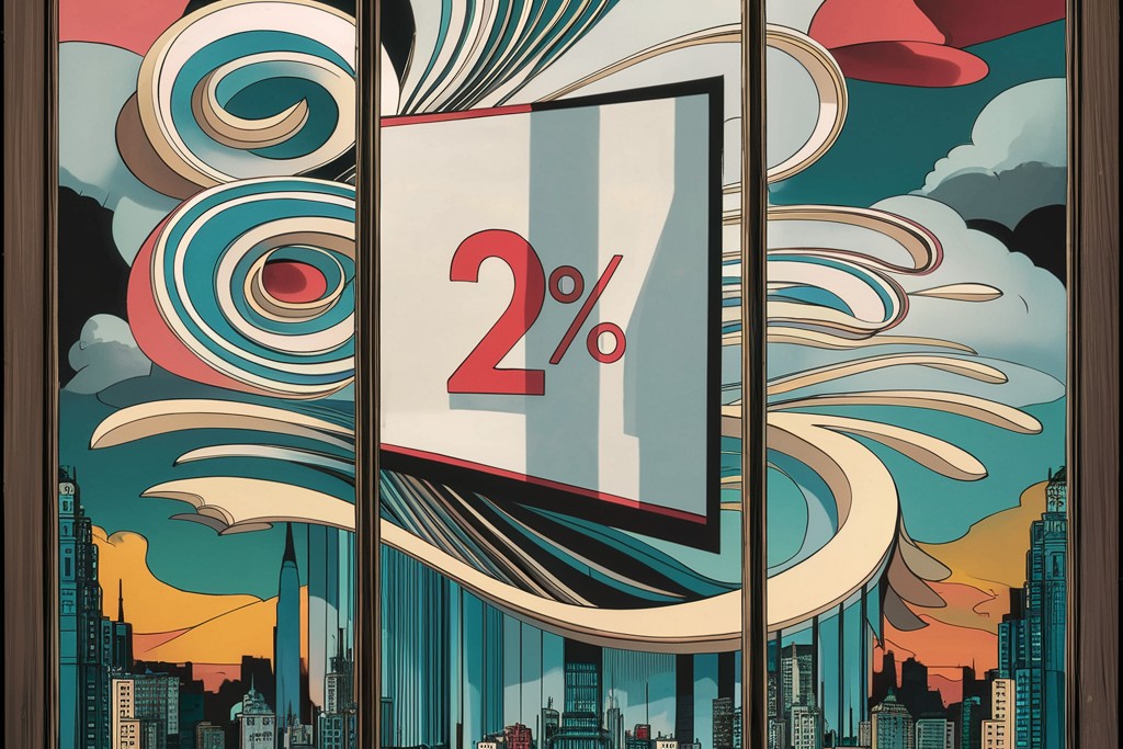 An art nouveau image of a sign saying "2%" in red white and blue in a glass window