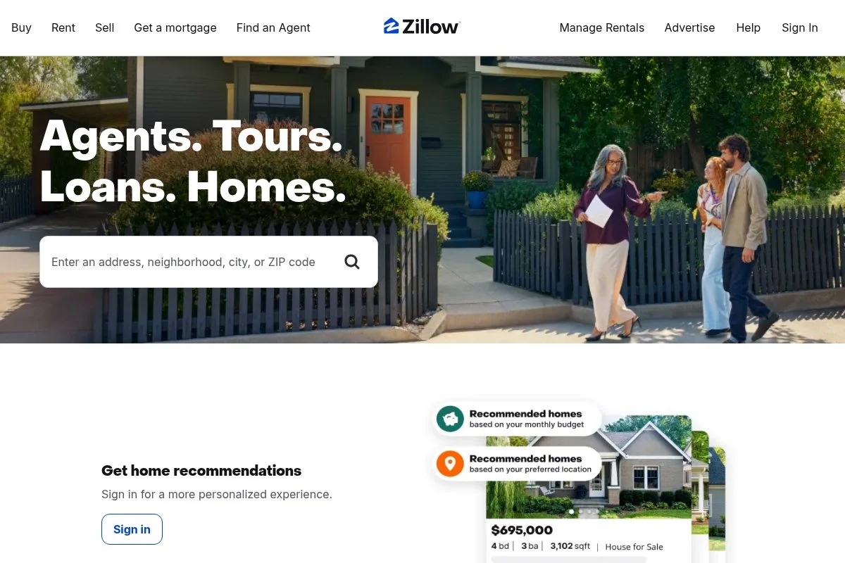 Screenshot of Zillow homepage