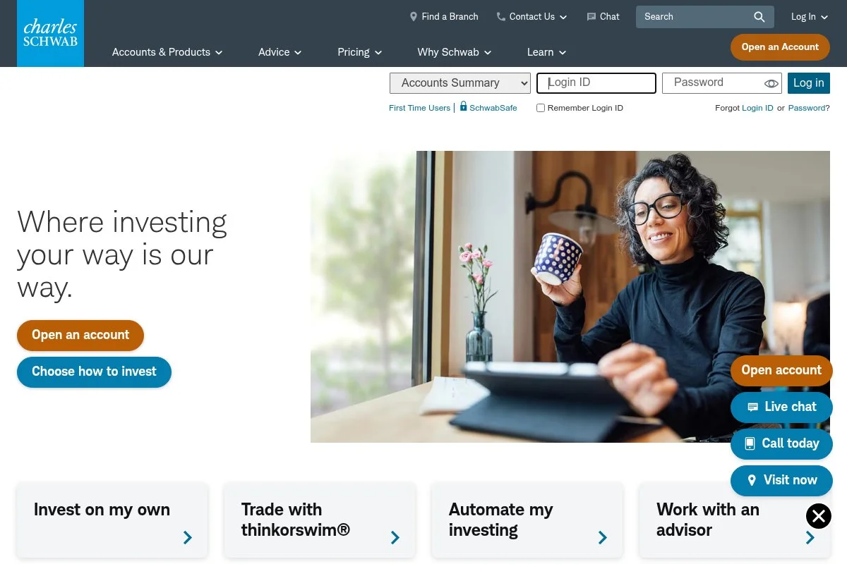 Screenshot of Charles Schwab homepage