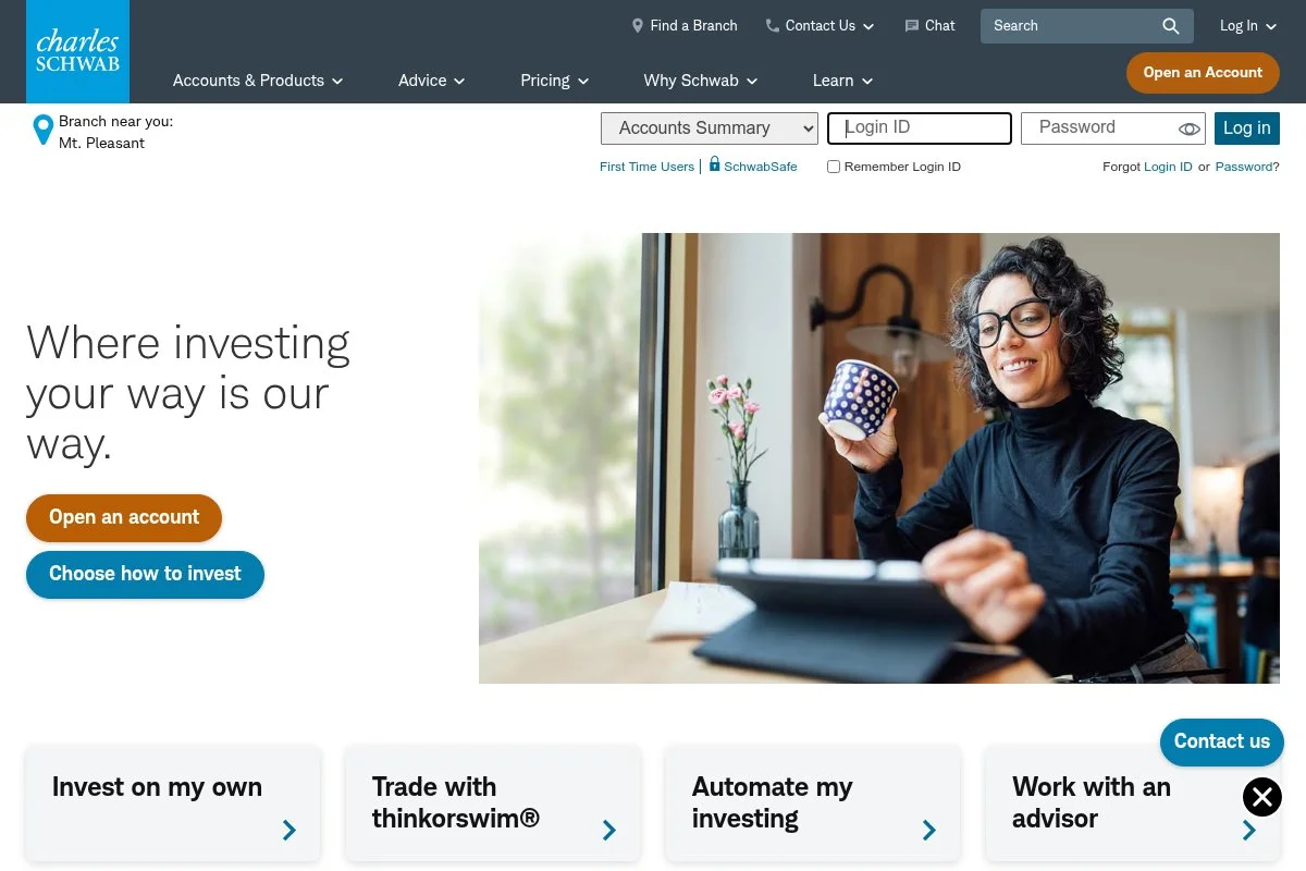 Screenshot of Charles Schwab homepage