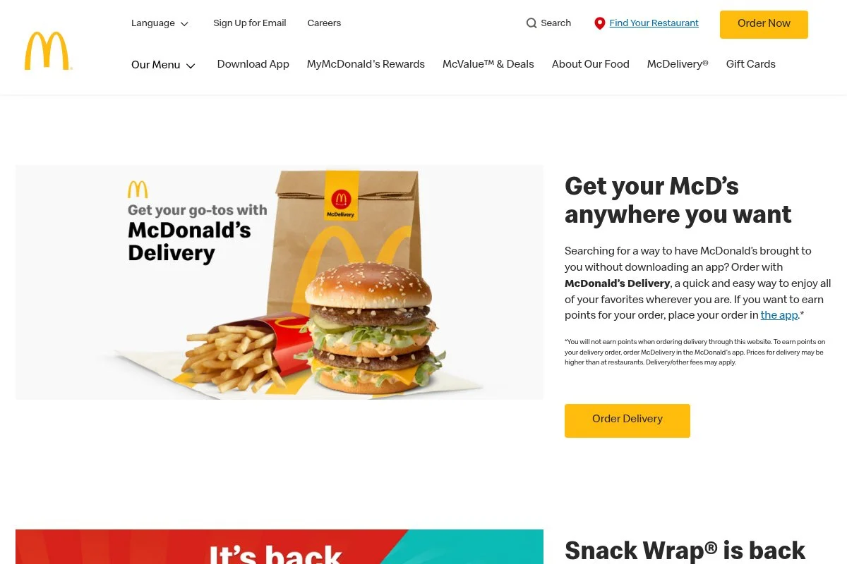 Screenshot of McDonald's homepage