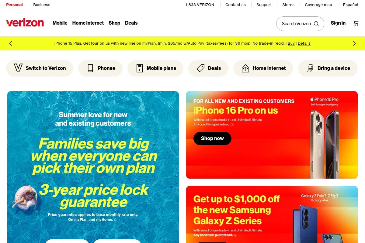 Screenshot of Verizon homepage