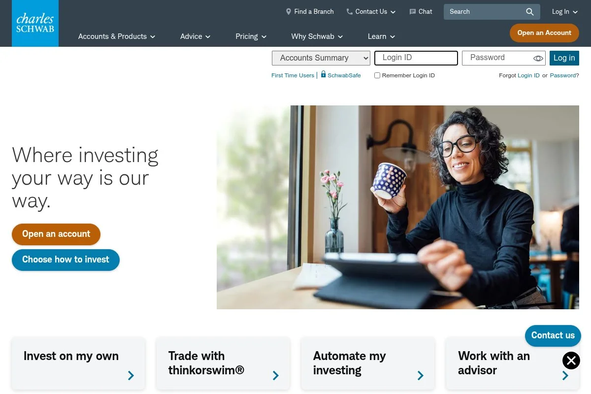 Screenshot of Charles Schwab homepage