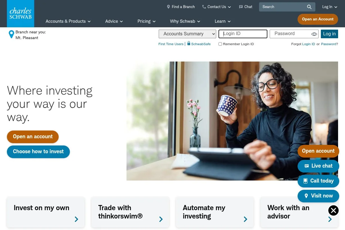 Screenshot of Charles Schwab homepage