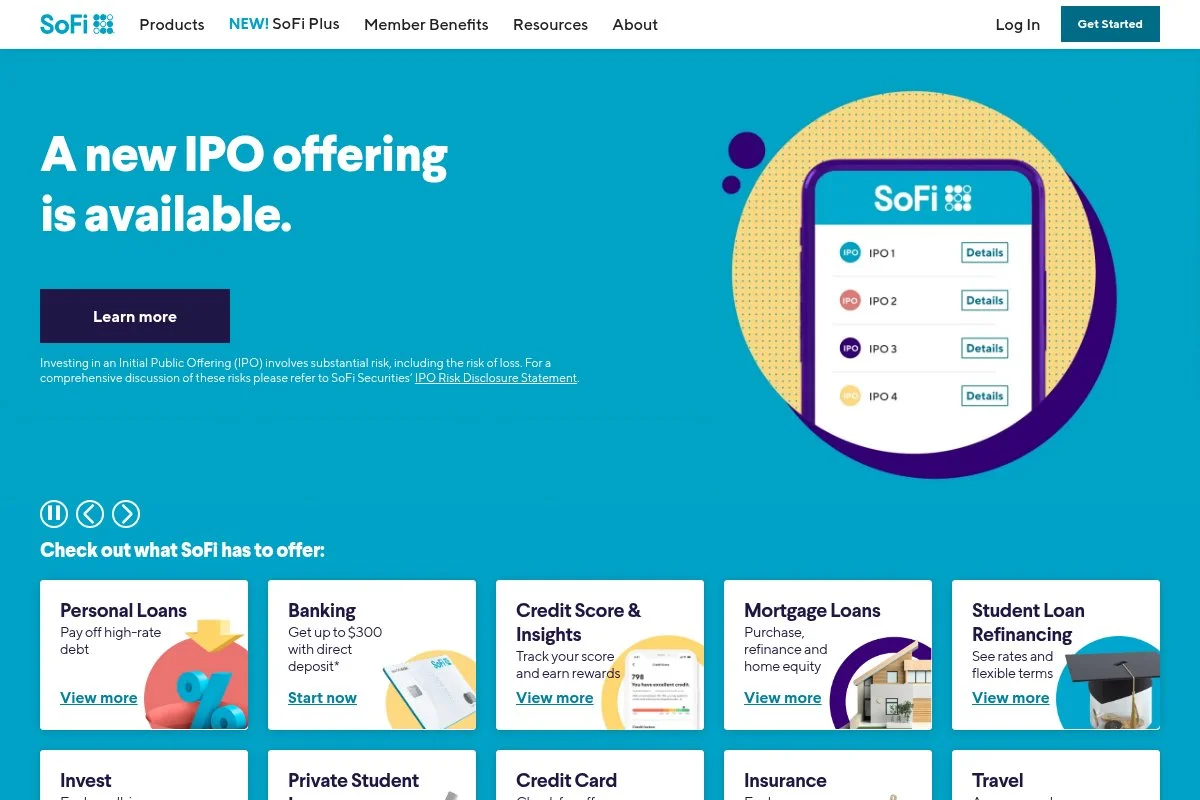 Screenshot of SoFi Invest homepage