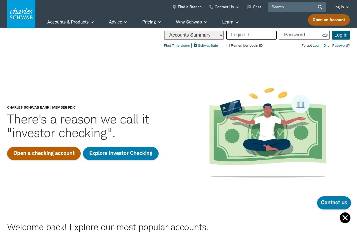Screenshot of Charles Schwab homepage