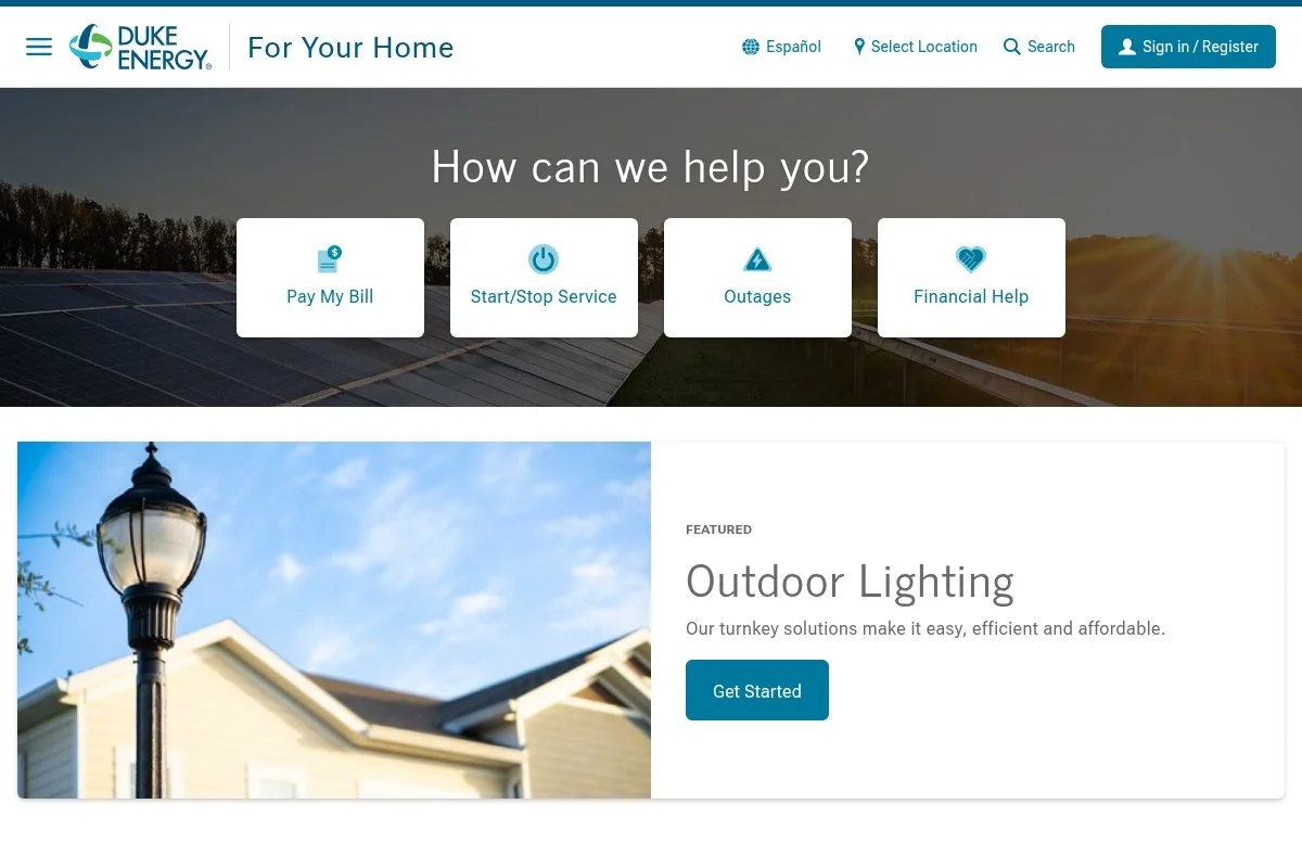 Screenshot of Duke Energy homepage