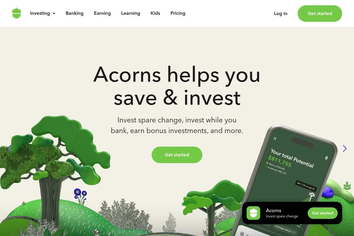 Screenshot of Acorns homepage