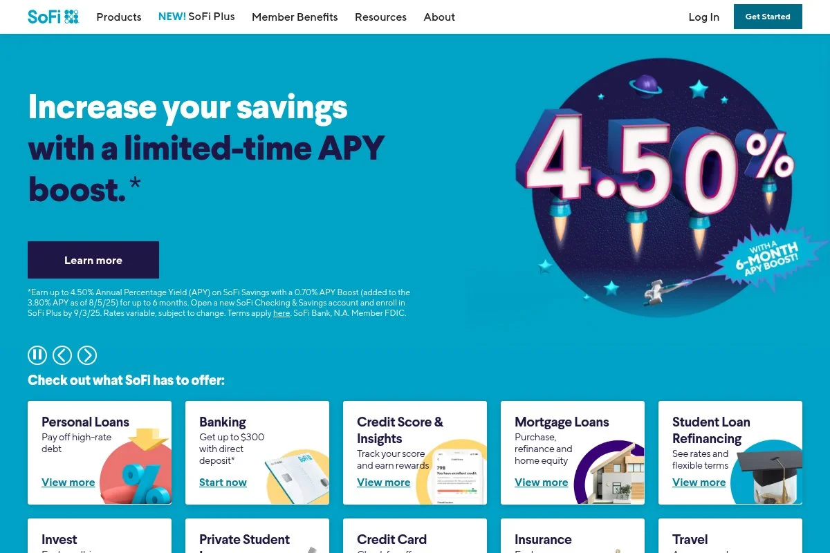 Screenshot of SoFi Invest homepage