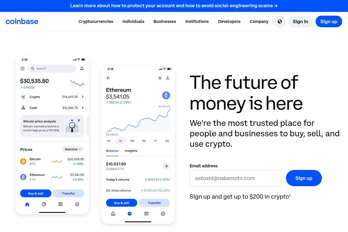 Screenshot of Coinbase homepage