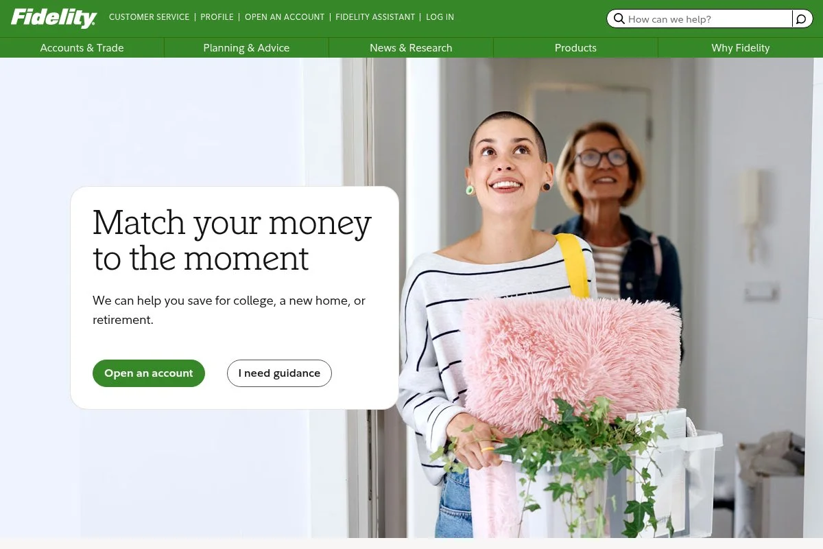 Screenshot of Fidelity homepage