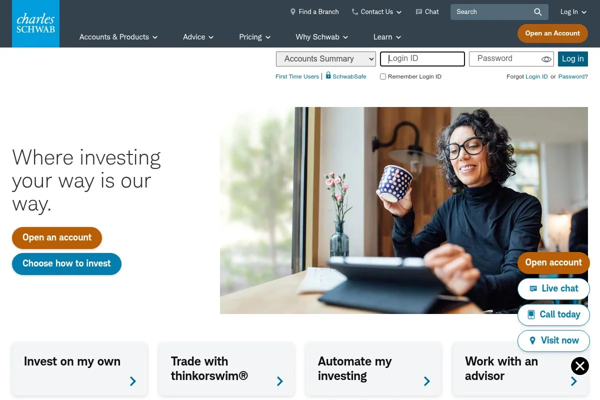 Screenshot of Schwab homepage
