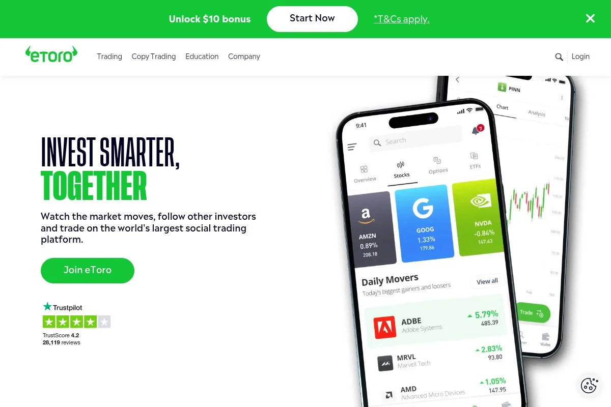 Screenshot of eToro homepage