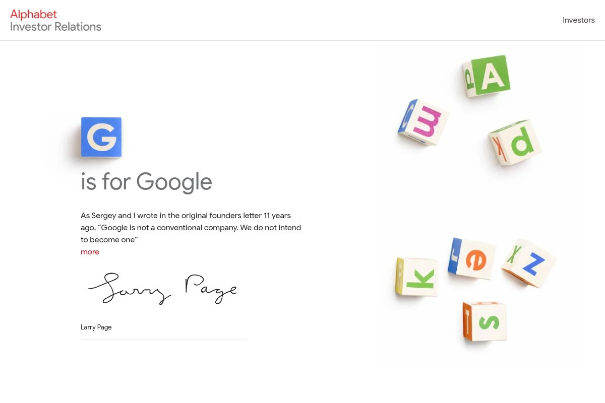 Screenshot of Alphabet Inc. homepage