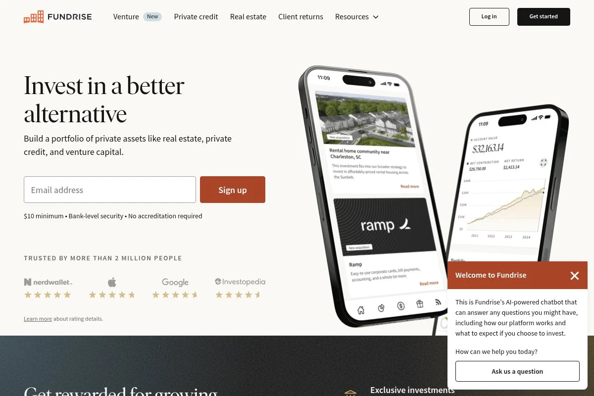 Screenshot of Fundrise homepage