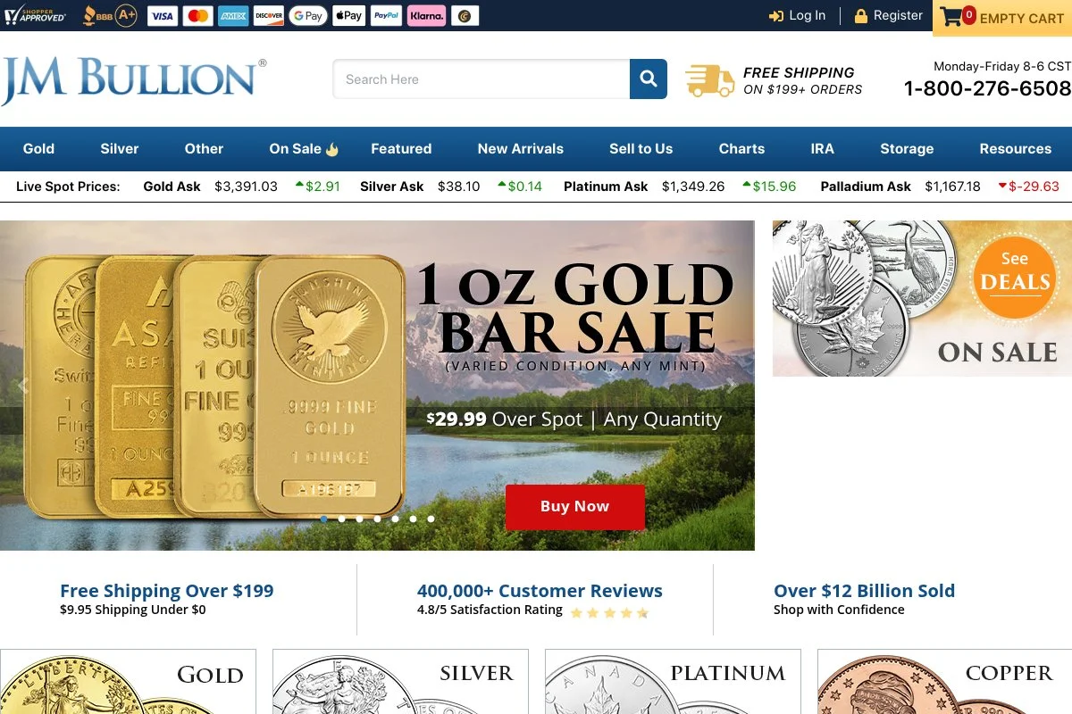 Screenshot of JM Bullion homepage