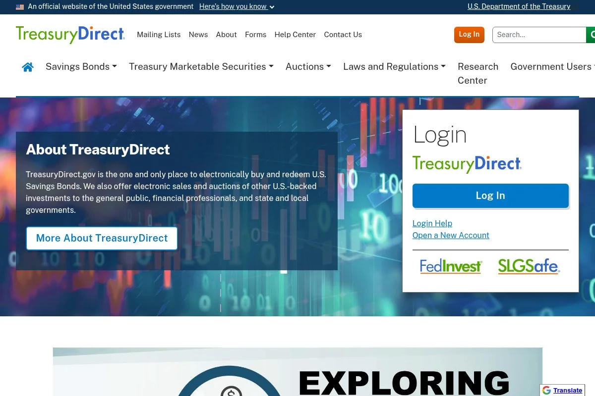 Screenshot of TreasuryDirect homepage