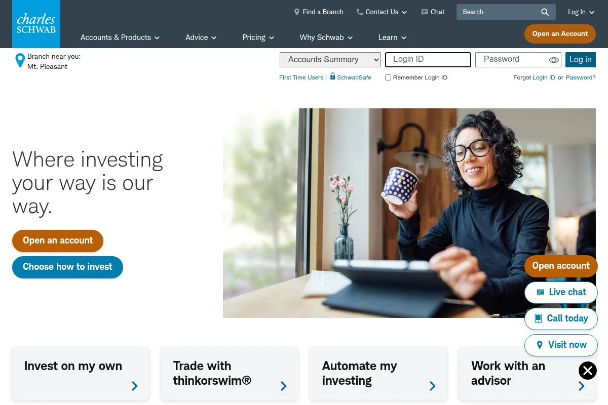 Screenshot of Schwab Total Stock Market Index Fund homepage