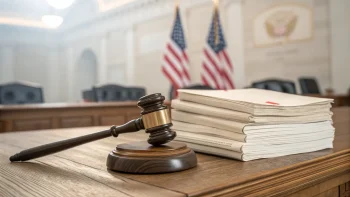 court room, US flags, gavel, briefs; Federal Courts Block Trump