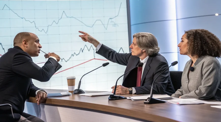 men and woman experts at anchor desk discussing policy in front of a chart on the wall with stock's rising up and down; Powell's restrictive policies