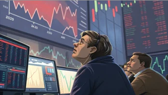 man looking at tech stock screen above desk; Tech Stocks Hit Turbulence