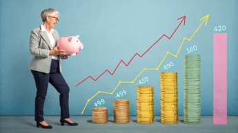 older women standing by stacks of god coins holding a pink piggybank; Wealth Multiplier By Age