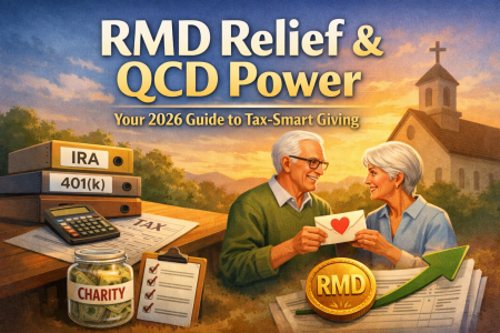 couple with a heart card planning retirement giving; RMD Relief and QCD 2026 Guide to Tax-Smart Giving (for Retirees)