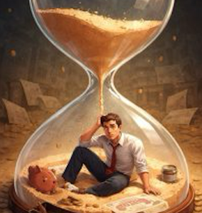 man in an hour glass; Scrimp and Save Scarcity Habits are Actually Sabotaging Your Future Freedom