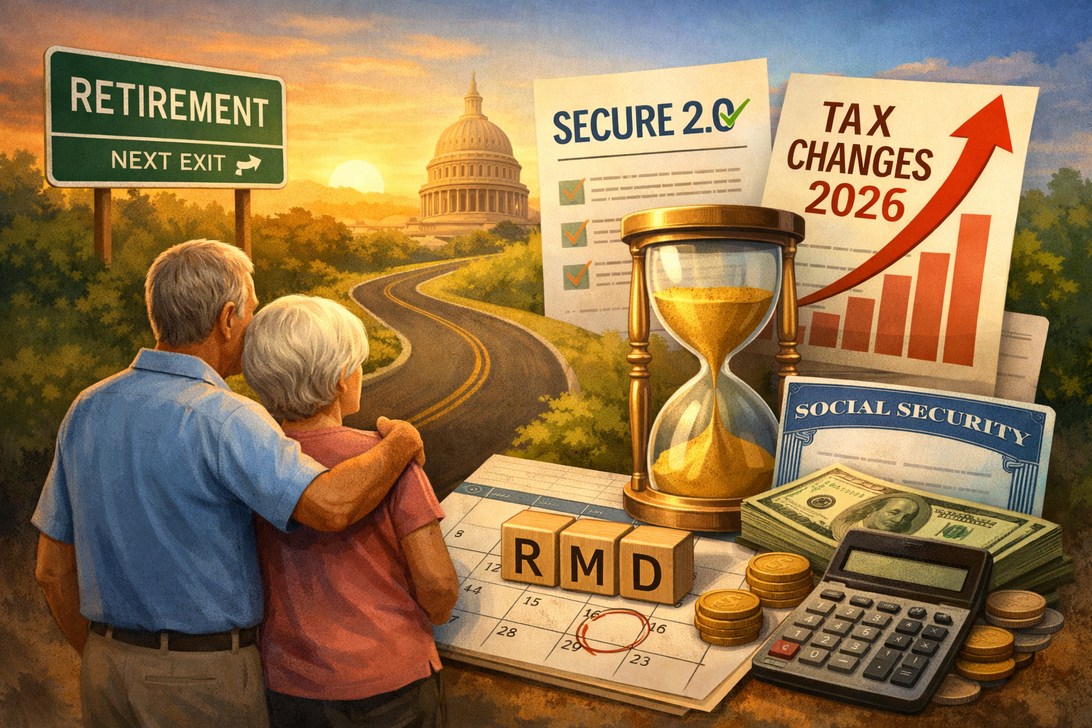 retired couple looking to secure their money; More RMD Breathing Room: 6 Ways SECURE 2.0 and 2026 Tax Adjustments Help Retirees