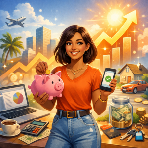gen z woman with money and financial accounts; Adulting, Audited - Your Financial Glow-Up Starts Here