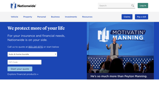 Image of Nationwide insurance web page with coverage input options; Nationwide insurance