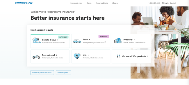 Image of Progressive insurance website page showing coverage options; Progressive insurance