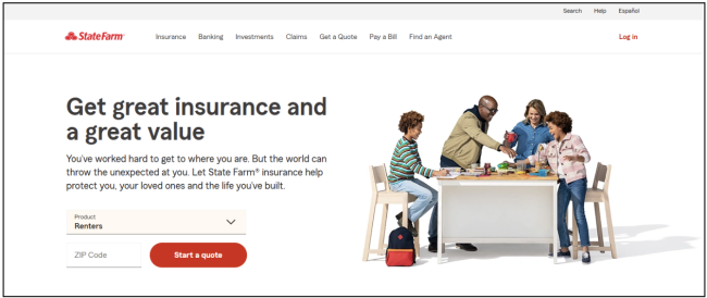 Image of State Farm website renter insurance quote inquiry; State Farm insurance