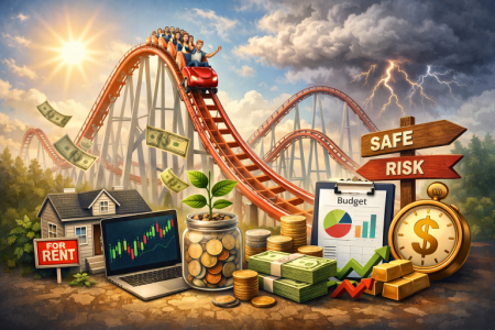 a rollercoaster with money in front of it; Wealth Blueprint Investing for the Inconsistent Income
