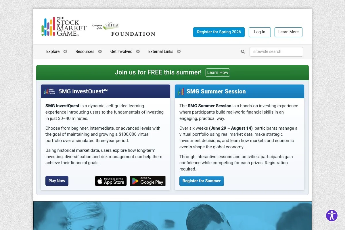Screenshot of The Stock Market Game homepage