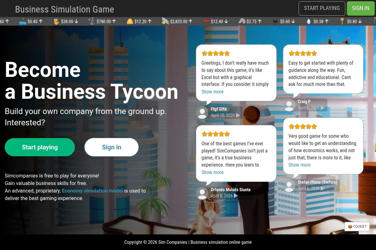 Screenshot of SimCompanies homepage