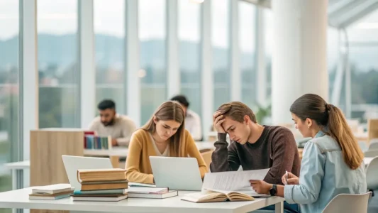 students looking at loan balances; Student loan deferrals edge higher