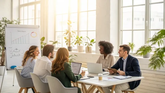 Five colleagues discussing business charts around a table in a bright office with large windows and plants