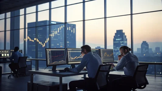 Traders analyzing stock charts on multiple monitors in a high-rise office at sunset