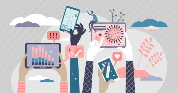 Illustration of various arms holding phones and tablets displaying information; Access Publicly Available Information
