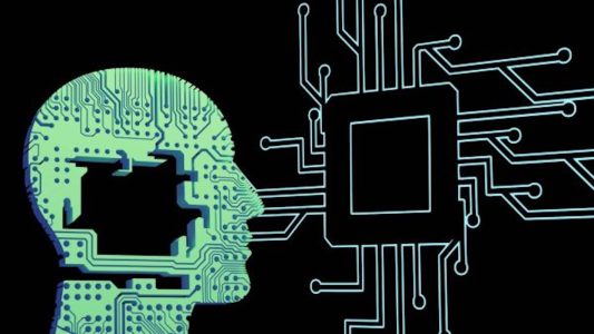 Abstract digital illustration of person's silhouette with fragments removed and connected to circuit board; Addressing AI Fragmentation