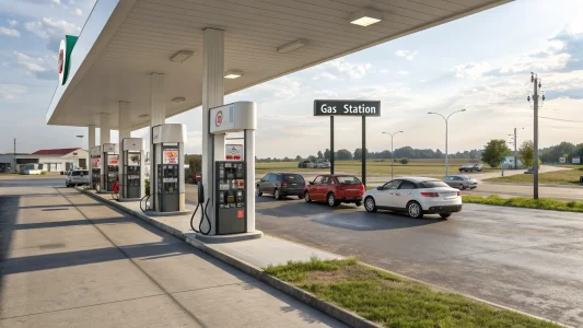 people lined up at gas stations for higher gas price; Gas Prices Jump as States Diverge