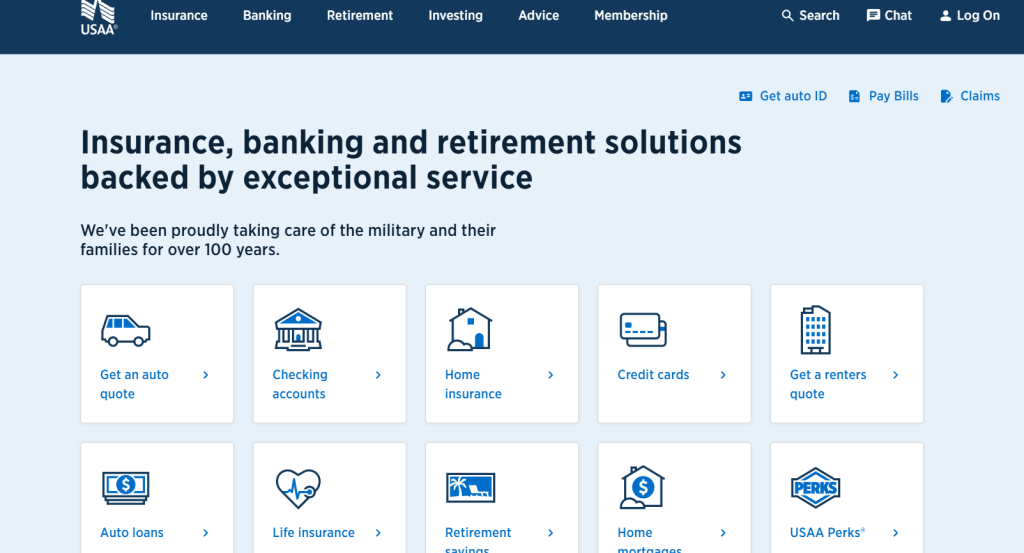 Image of USAA insurance website; USAA Insurance