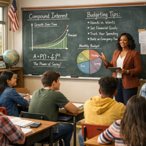 teacher teaching financial literacy in a classroom; Why Financial Literacy Should Be Taught in Every American School