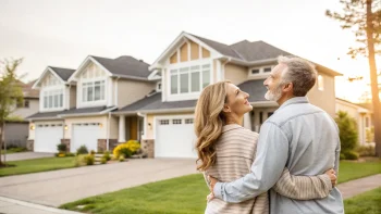 happy couple in front of their new home; Homebuyers weigh ARMs as rates shift