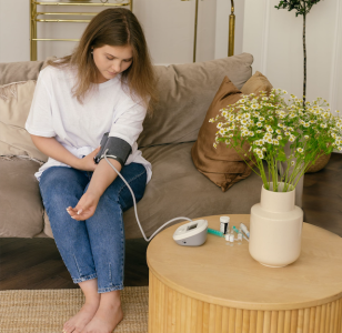 self-employed professional taking her blood pressure; Self-Employed Professionals Wellness Expenses
